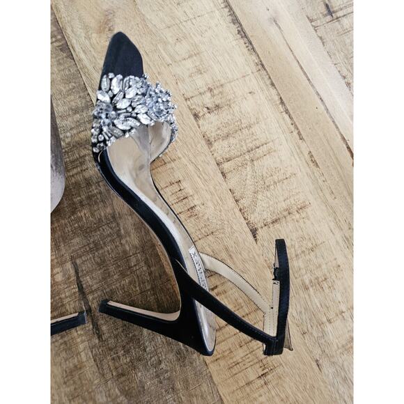 Badgley Mischka Rider Stiletto Heels Women's Size 7 Strappy Black Satin Crystals - Picture 9 of 16